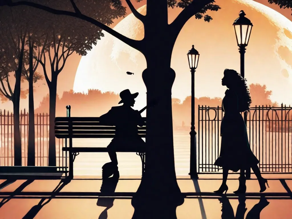 Uma esquina mal iluminada, com um guitarrista solitário serenando um casal sentado em um banco de parque. A lua brilha, lançando um brilho suave em seus rostos enquanto a música enche o ar, criando uma atmosfera de romance e nostalgia. Os sorrisos do casal refletem a beleza das serestas e serenatas brasileiras.