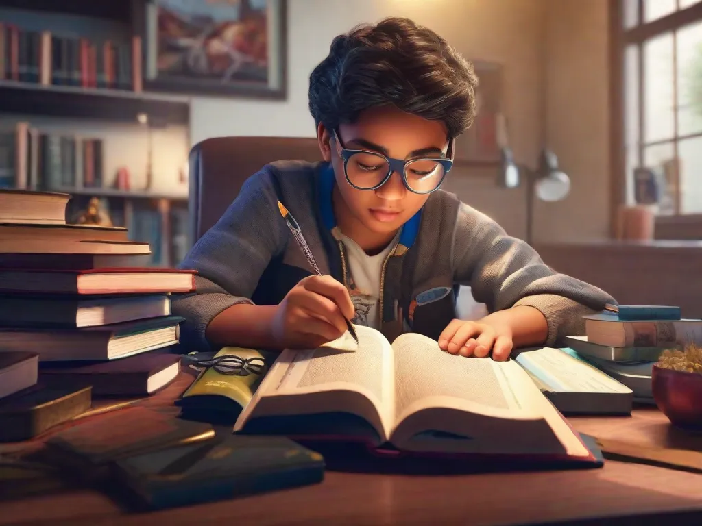 Descrição: Uma imagem de um jovem estudante sentado em uma mesa, cercado por livros de diferentes gêneros e assuntos. O estudante está lendo um livro com entusiasmo enquanto estende a mão para tocar outro, simbolizando a ideia de expandir o conhecimento e explorar novos horizontes por meio da leitura.