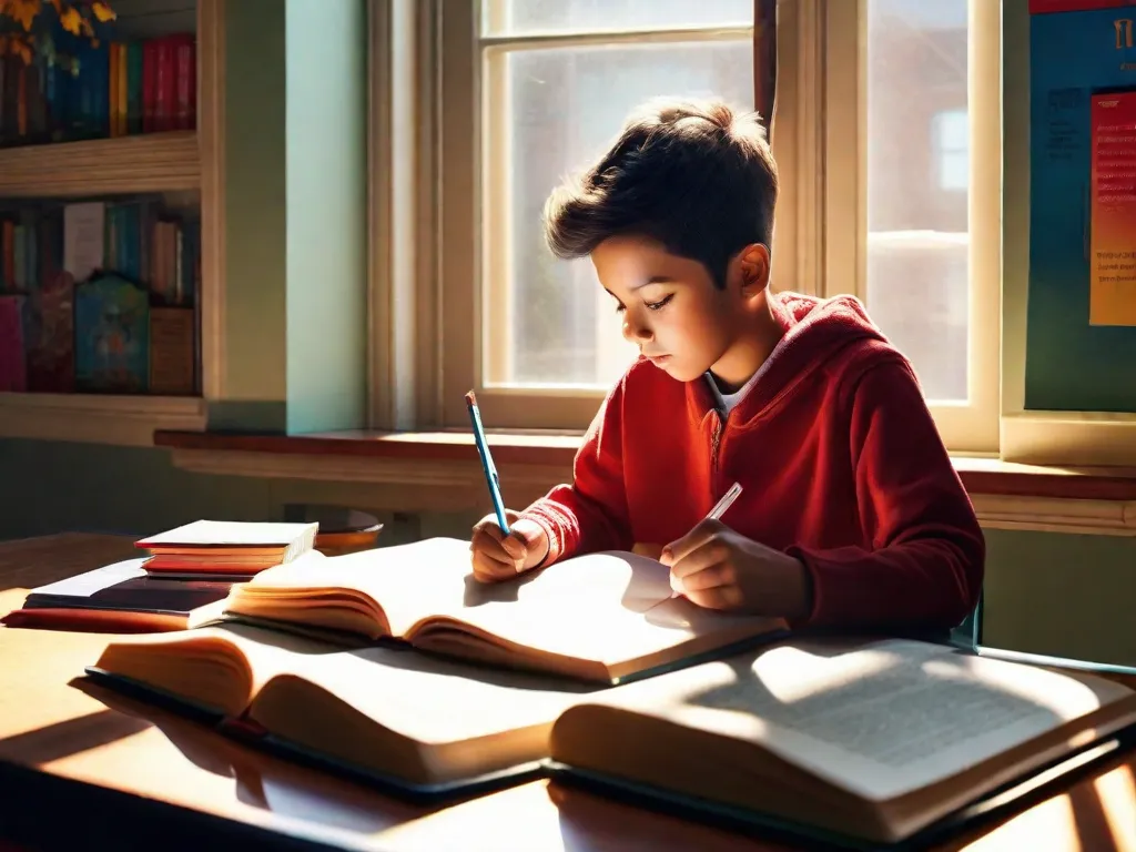 Descrição da imagem: Um jovem estudante senta-se em uma mesa, absorto em um livro. A luz solar atravessa a janela, iluminando as páginas enquanto o estudante lê e interpreta o texto com entusiasmo. O quarto está cheio de pôsteres coloridos e materiais educacionais, criando um ambiente de aprendizado estimulante.