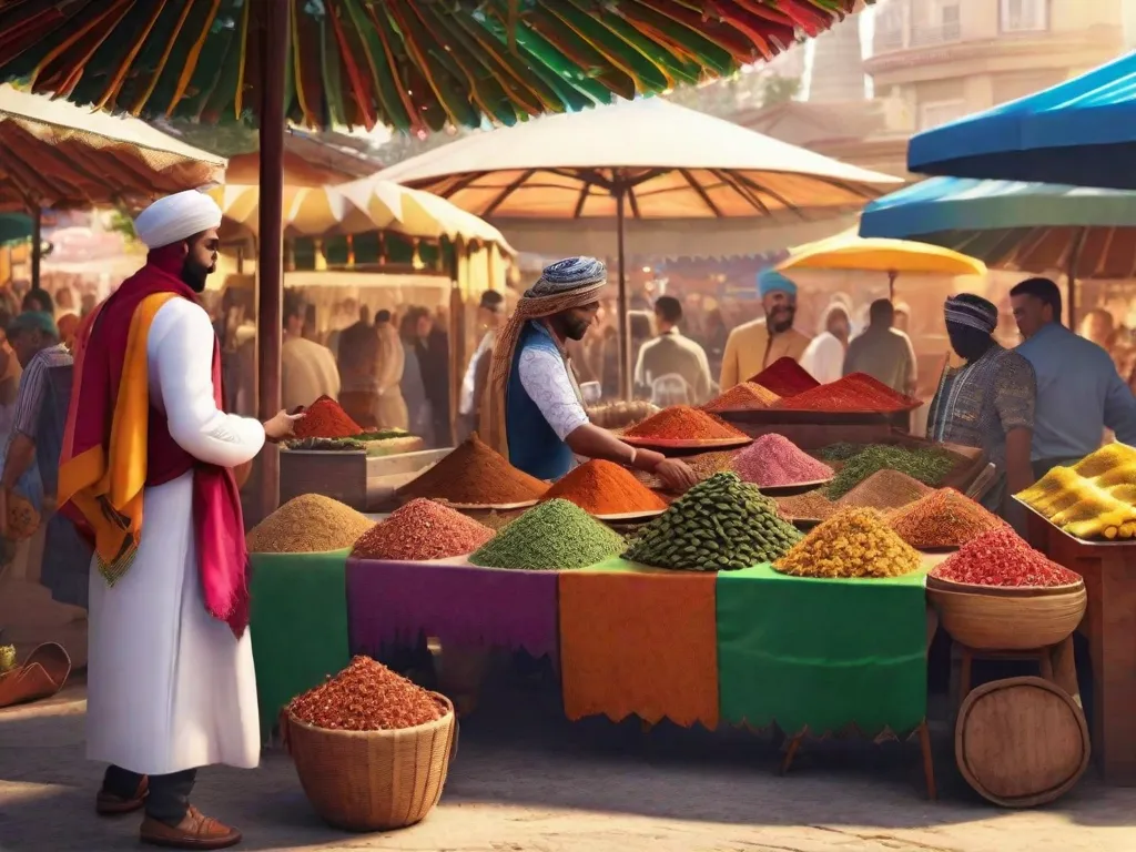 Uma imagem vibrante que mostra a fusão das culturas árabe e brasileira: um mercado movimentado cheio de barracas coloridas vendendo especiarias árabes tradicionais, frutas e tecidos ao lado de comidas de rua brasileiras. Ao fundo, uma banda de samba toca, simbolizando a harmoniosa mistura de ritmos do Oriente Médio e do Brasil.