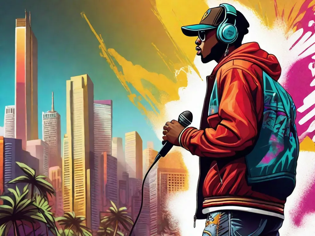 Uma imagem de uma paisagem urbana dinâmica com paredes cobertas de grafites, capturando a energia vibrante da cena do hip-hop brasileiro. No primeiro plano, um microfone se destaca, simbolizando o poder do ritmo e da poesia na formação da evolução do hip-hop no Brasil.