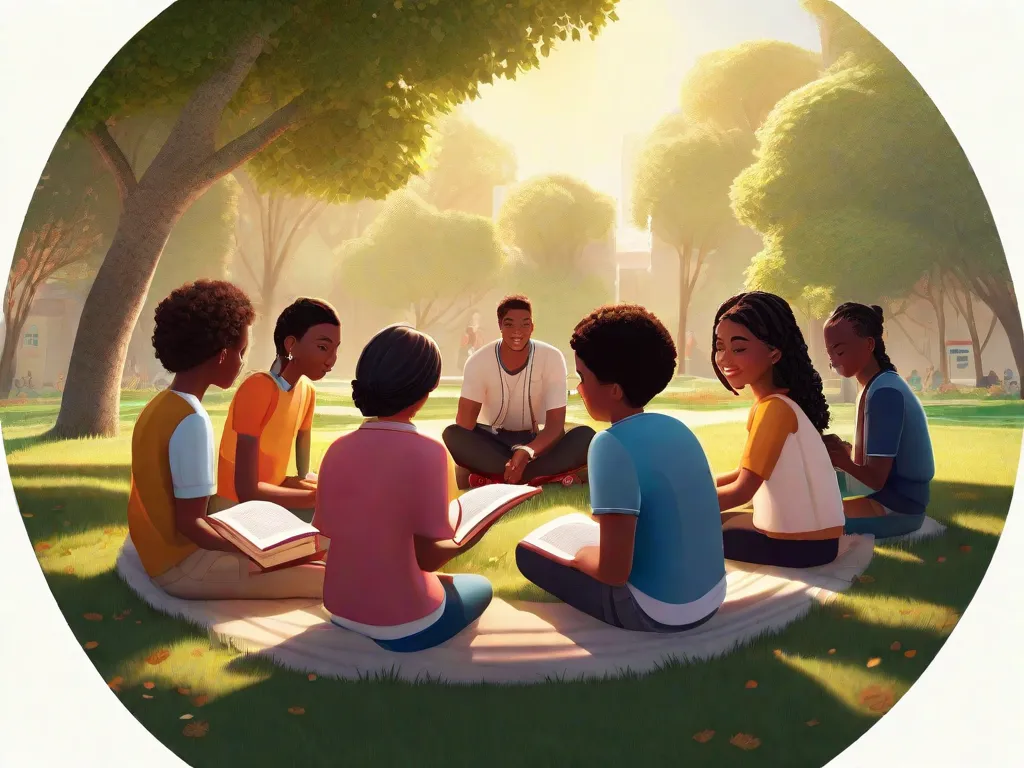 Descrição da imagem: Um grupo de estudantes diversos sentados em círculo ao ar livre, cada um segurando um livro e compartilhando seus pensamentos. Eles estão cercados por árvores e o sol está brilhando, simbolizando a expansão de seu conhecimento e a alegria de descobrir novos mundos através da leitura.