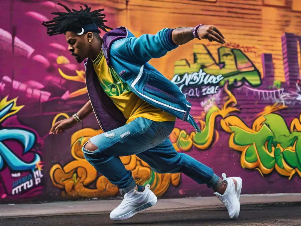 Uma imagem vibrante captura a essência da evolução do hip-hop brasileiro. Paredes cobertas de grafite servem de pano de fundo para um dançarino de breakdance dinâmico, mostrando os elementos rítmicos e poéticos do gênero. Os movimentos fluidos e gestos expressivos do dançarino incorporam o espírito do crescimento e da criatividade do hip-hop brasileiro