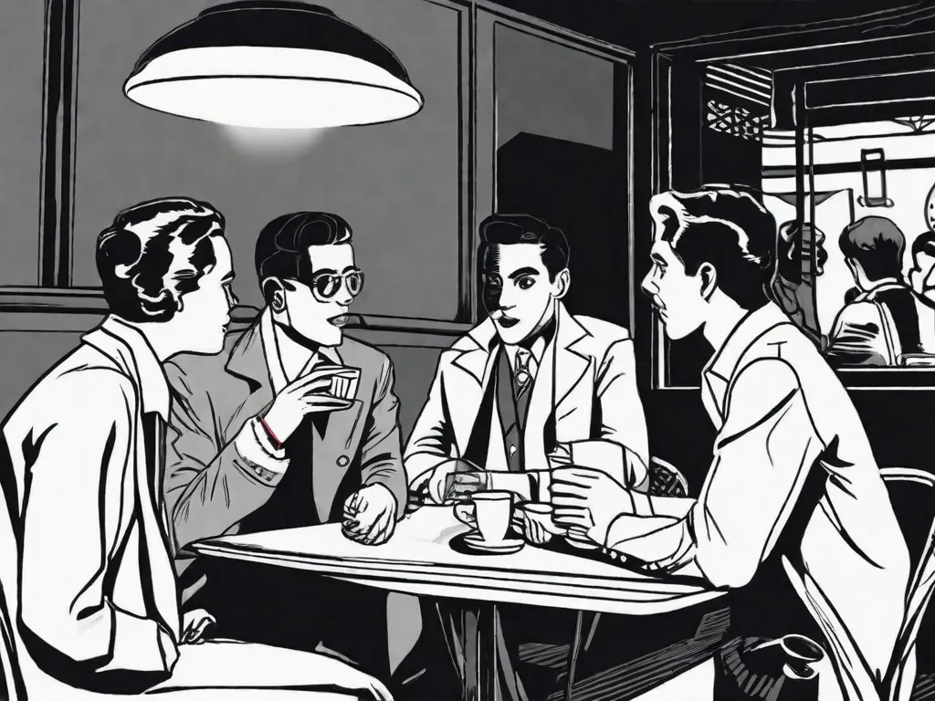 Descrição da imagem: Uma fotografia em preto e branco capturando um grupo de jovens intelectuais sentados ao redor de uma mesa em um café com pouca iluminação. Eles estão envolvidos em uma conversa animada, fumando cigarros e segurando xícaras de café. A imagem exala um ar de rebeldia e fervor intelectual, refletindo o espírito do mov