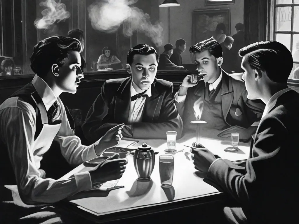 Uma fotografia em preto e branco mostra um grupo de jovens intelectuais reunidos em um café enfumaçado. Eles exalam um ar de rebeldia, com cabelos desarrumados, fumaça de cigarro pairando no ar e olhares intensos. Sua conversa animada reflete sua paixão por desafiar as normas sociais e abraçar a liberdade artística durante o mov