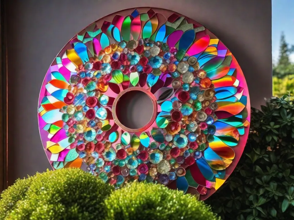 Descrição: Uma imagem em close-up de um colorido enfeite de jardim feito de CDs antigos. Os CDs estão organizados em um padrão circular, refletindo a luz do sol e criando uma bela exibição de cores vibrantes. O enfeite está pendurado em um galho de árvore, adicionando um toque de criatividade e sustentabilidade ao jardim.