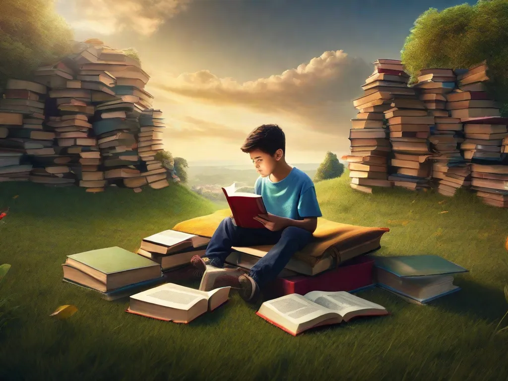 Descrição da imagem: Um grupo de estudantes diversos sentados em círculo ao ar livre, cada um segurando um livro e compartilhando seus pensamentos. Eles estão cercados por árvores e o sol está brilhando, simbolizando a expansão de seu conhecimento e a alegria de descobrir novos mundos através da leitura.
