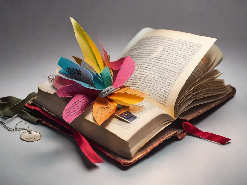Uma imagem em close-up de um livro desgastado com páginas cheias de marcadores coloridos saindo, representando a alegria da leitura e as inúmeras aventuras que podem ser encontradas nas páginas de um livro.