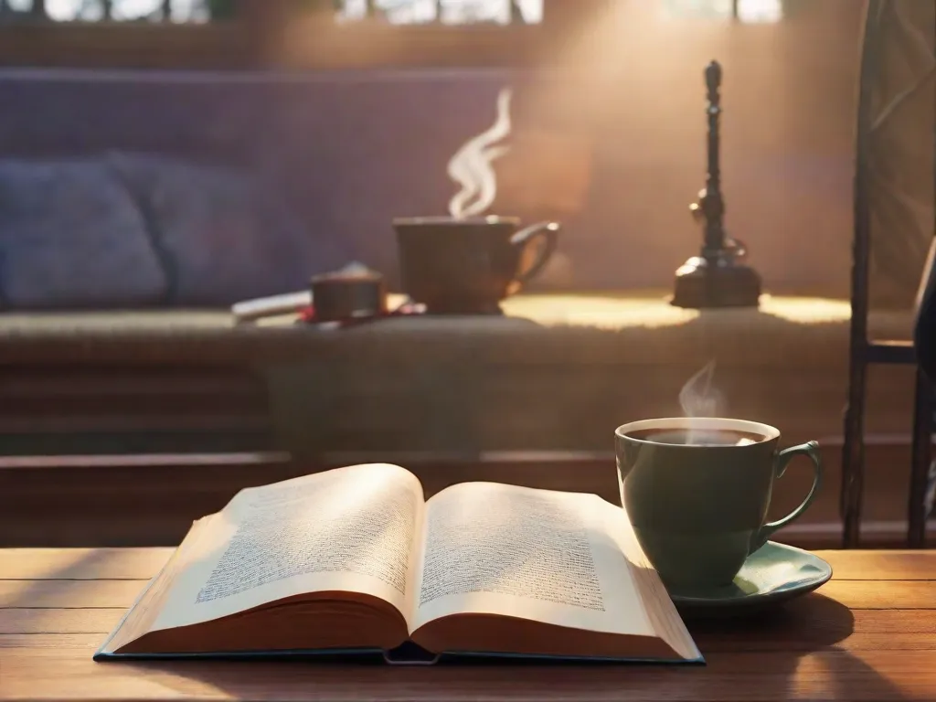 Uma foto de um cantinho aconchegante para leitura com uma poltrona confortável, uma pilha de livros e uma xícara quente de chá. A luz do sol atravessa a janela, iluminando as páginas de um livro aberto, convidando o espectador a se envolver na magia das palavras e embarcar em uma jornada de imaginação.