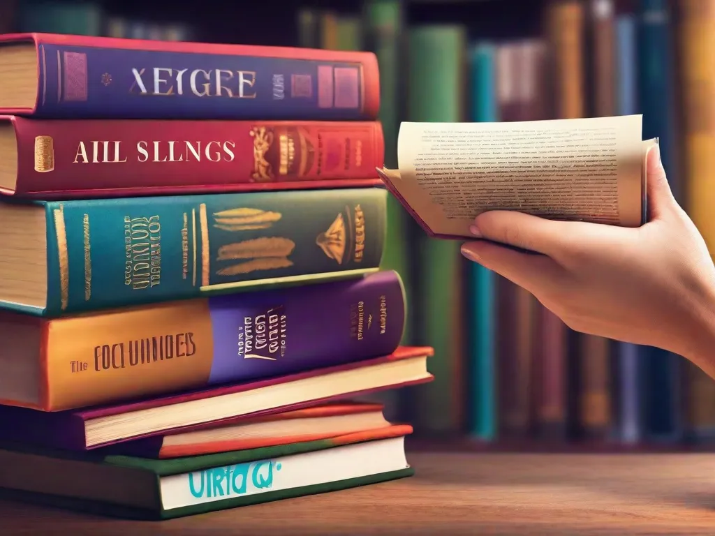 Descrição da imagem: Uma pilha colorida de livros com vários títulos, representando diferentes gêneros e temas. Os livros estão abertos, revelando páginas cheias de palavras e ilustrações. Um par de mãos pequenas está estendendo-se para pegar um dos livros, mostrando ansiedade e curiosidade para explorar o mundo da literatura.
