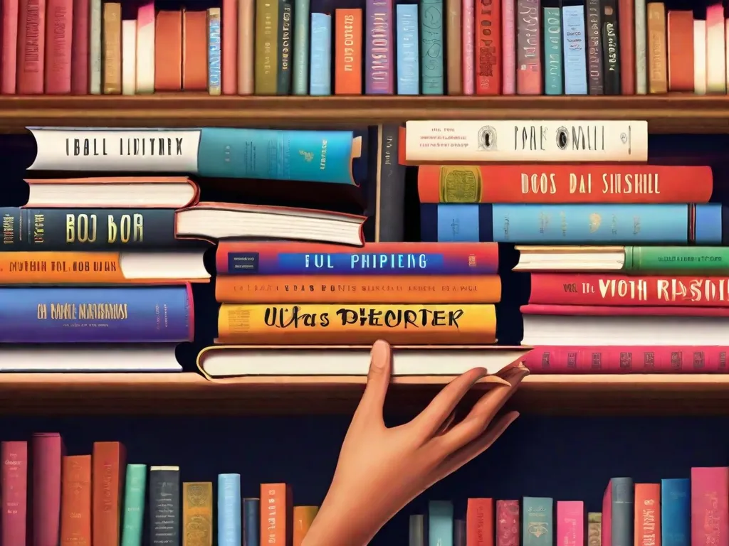 Descrição da imagem: Uma pilha colorida de livros com títulos escritos nas lombadas, representando diferentes gêneros e assuntos. Os livros estão abertos, revelando páginas cheias de palavras e ilustrações. Um par de mãos está estendido para pegar um dos livros, ansioso para explorar seu conteúdo e desenvolver habilidades literárias.