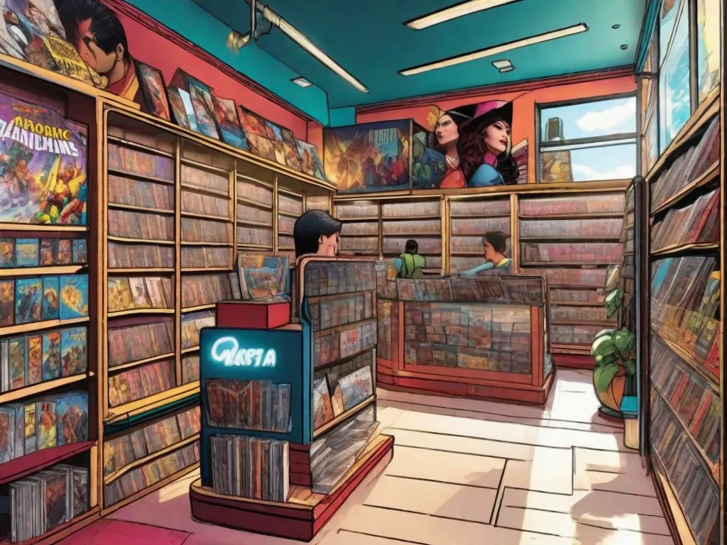 Uma imagem vibrante mostrando uma loja de quadrinhos colorida no Brasil, repleta de prateleiras cheias de uma grande variedade de quadrinhos brasileiros. A loja está cheia de entusiastas de quadrinhos, folheando as páginas com entusiasmo e participando de discussões animadas sobre seus personagens e histórias favoritas.
