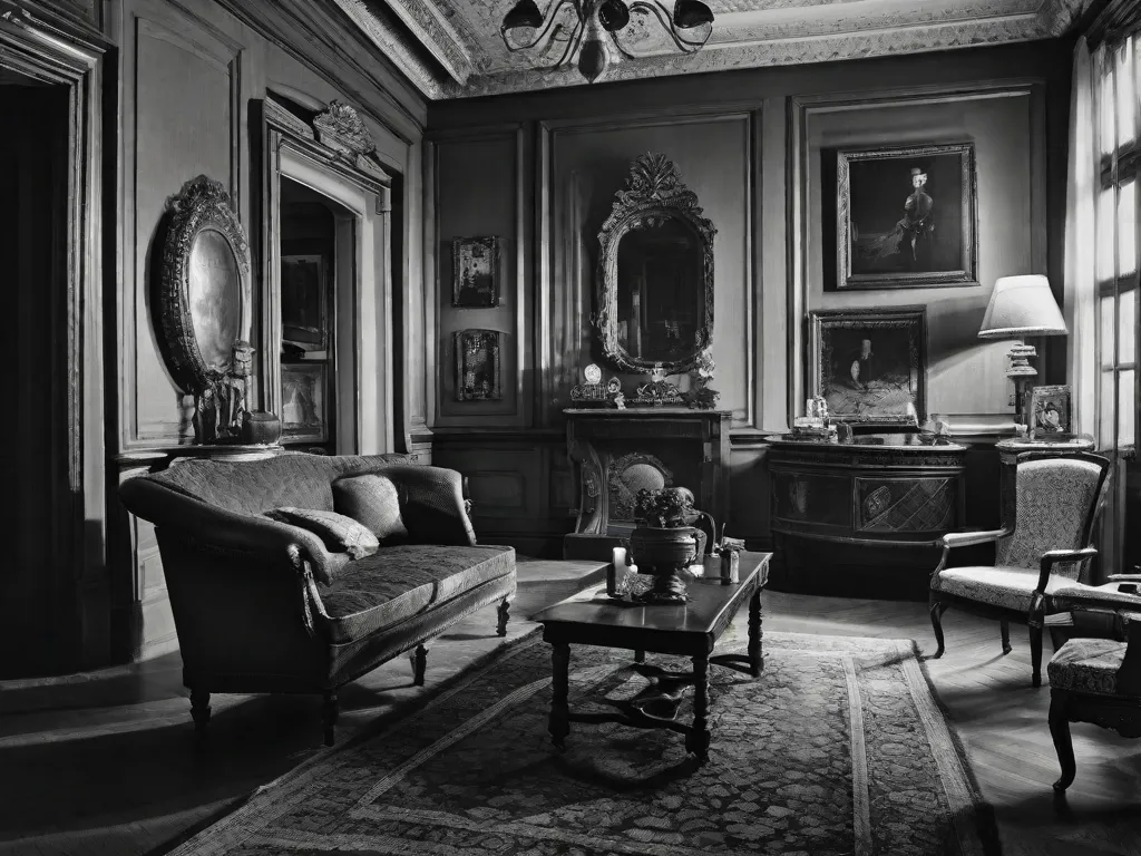 Descrição da imagem: Uma fotografia em preto e branco de um quarto com pouca iluminação, com móveis e decoração vintage. A atmosfera lembra o século XIX, com uma sensação de mistério e intriga. A imagem captura a essência de 