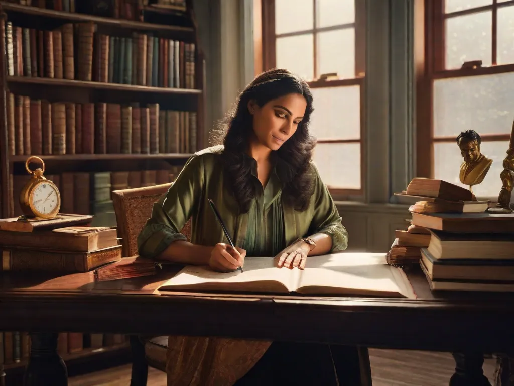 Descrição: Uma imagem de Lygia Fagundes Telles, uma renomada autora brasileira, sentada em sua mesa de escrita, cercada por pilhas de livros e manuscritos. O quarto está cheio de luz natural, iluminando sua expressão pensativa enquanto ela escreve sua próxima obra-prima literária.
