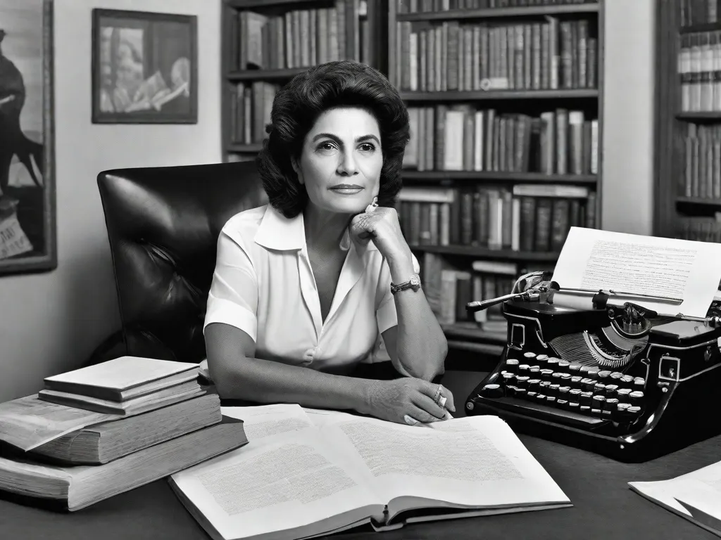 Uma fotografia em preto e branco de Lygia Fagundes Telles, uma renomada autora brasileira, sentada em sua escrivaninha. A imagem captura seu profundo pensamento, cercada por pilhas de livros e uma máquina de escrever. A atmosfera está cheia de criatividade e da beleza atemporal da literatura.