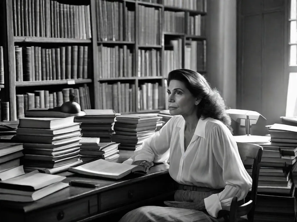 Uma fotografia em preto e branco de Lygia Fagundes Telles, uma proeminente escritora brasileira, sentada em sua mesa cercada por pilhas de livros. Sua expressão concentrada e o espaço bagunçado, mas organizado, refletem sua dedicação em criar histórias intrincadas e provocativas que moldaram a literatura contemporânea.