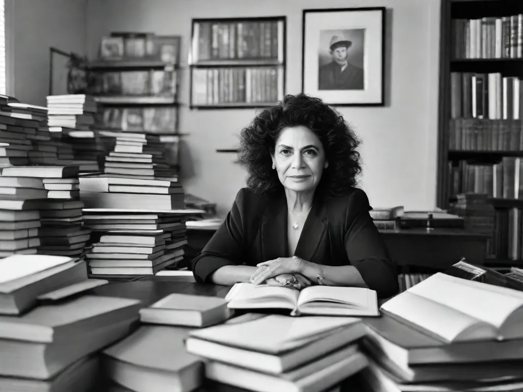 Uma fotografia em preto e branco de Lygia Fagundes Telles, uma proeminente escritora brasileira, sentada em sua mesa cercada por pilhas de livros. Sua expressão concentrada e o espaço bagunçado, mas organizado, refletem sua dedicação em criar histórias intrincadas e provocativas que moldaram a literatura contemporânea.