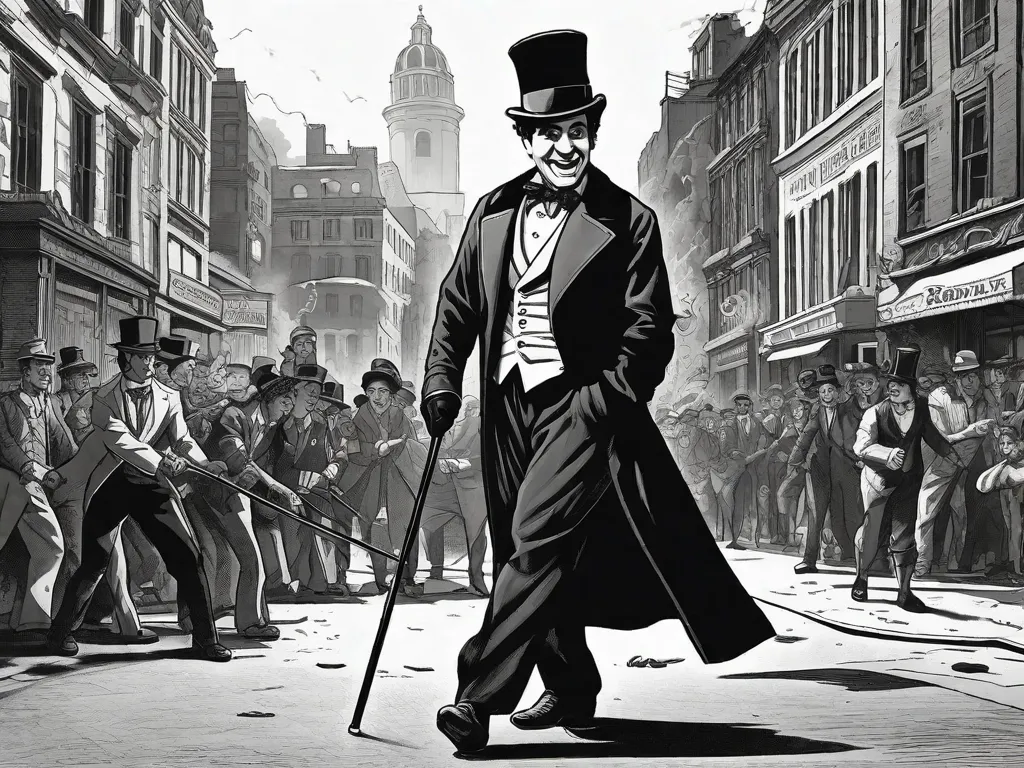 Uma imagem em preto e branco de um homem com um sorriso travesso, usando um chapéu alto e segurando uma bengala, em pé no meio de uma rua caótica da cidade. As pessoas ao seu redor estão rindo e apontando, enquanto ele navega sem esforço por situações absurdas, incorporando o humor encontrado em 