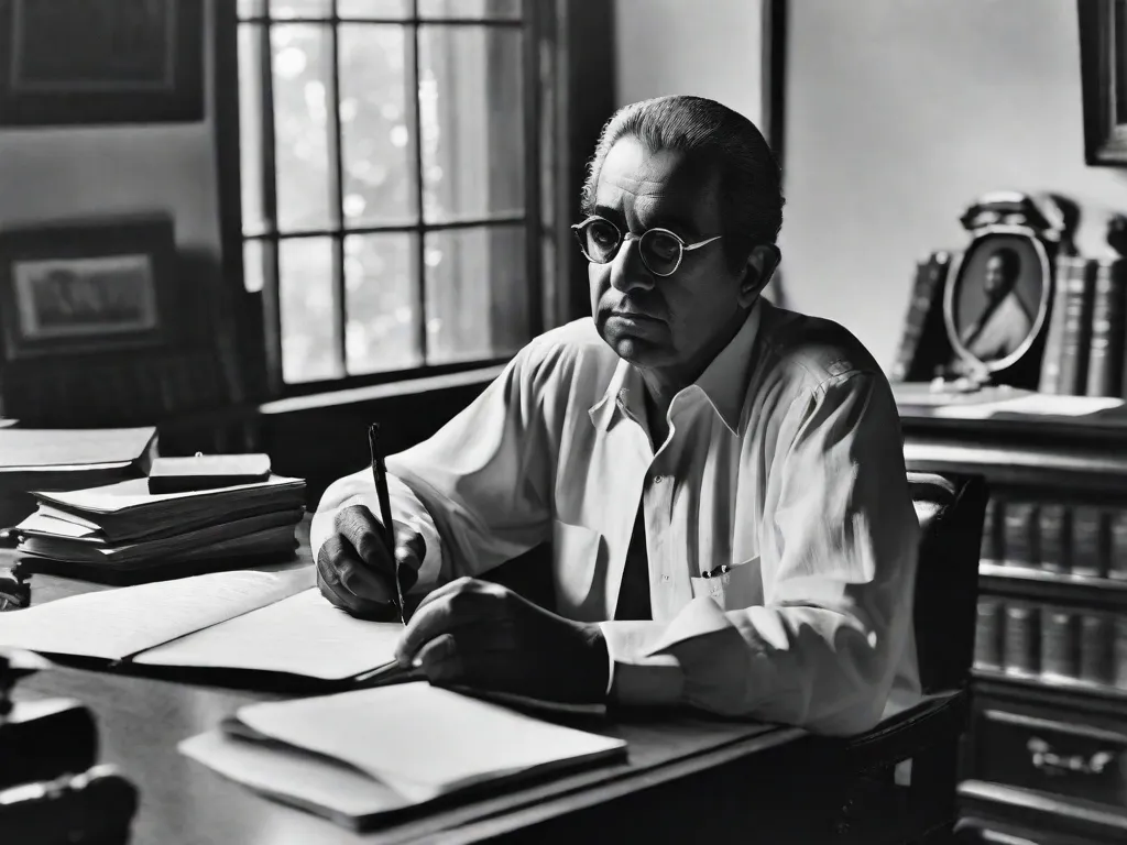 Descrição: Uma fotografia em preto e branco de Manuel Bandeira, um renomado poeta brasileiro, sentado em sua mesa com uma caneta na mão. A imagem captura a essência do movimento simbolista na poesia brasileira, com seu foco na introspecção, melancolia e exploração do subconsciente.