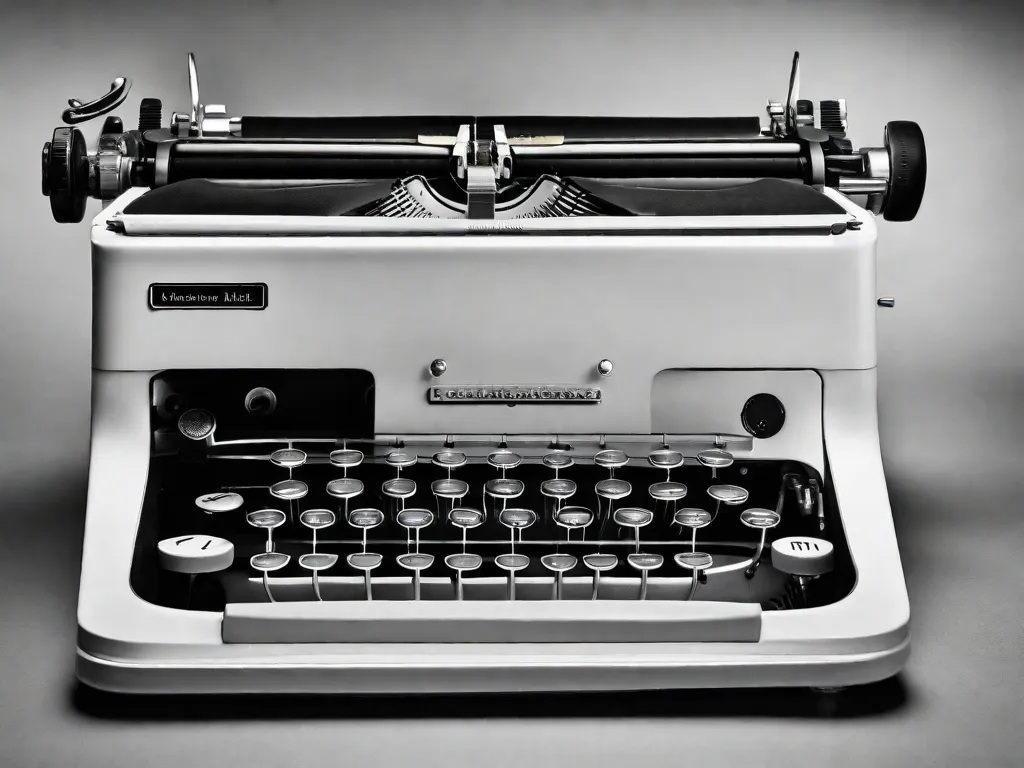 Uma fotografia em preto e branco de uma máquina de escrever com uma folha de papel em branco dentro dela. As teclas da máquina de escrever estão levemente desgastadas, indicando anos de uso. A imagem captura a essência do estilo de escrita experimental de Hilda Hilst, simbolizando a criatividade bruta e a inovação que ela trouxe para sua arte.