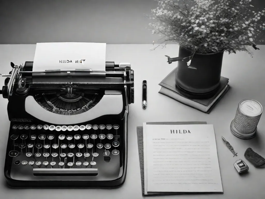 Uma fotografia em preto e branco de uma máquina de escrever com suas teclas espalhadas pela mesa. A imagem captura a essência do estilo experimental de escrita de Hilda Hilst, simbolizando a quebra das fronteiras literárias tradicionais e a libertação da expressão artística.