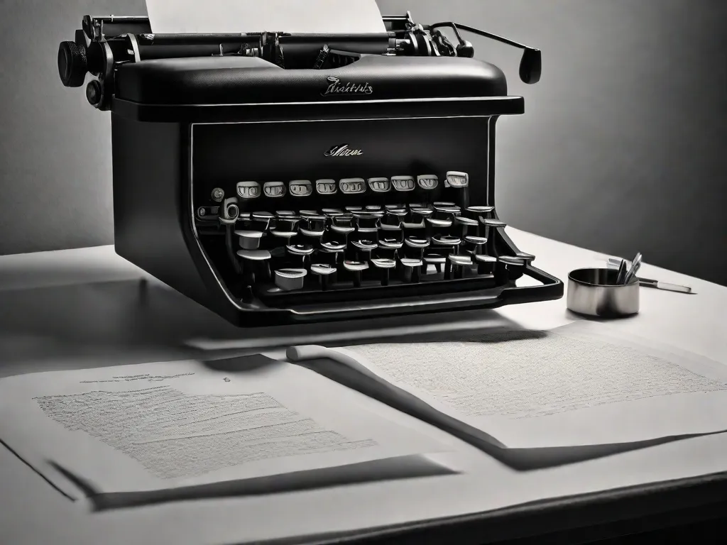 Uma fotografia em preto e branco de uma máquina de escrever, com uma folha de papel preenchida com letras manuscritas. O suave brilho de uma luminária de mesa ilumina a cena, capturando a essência poética do processo criativo de Vinicius de Moraes.