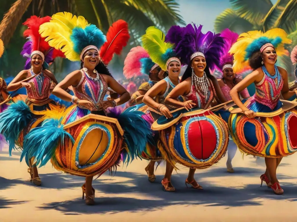 A imagem mostra uma vibrante apresentação de Maracatu Rural em Pernambuco, Brasil. Fantasias coloridas, adornadas com penas e lantejoulas, preenchem o quadro enquanto músicos tocam instrumentos tradicionais, estabelecendo o ritmo para os dançarinos. A energia e a riqueza cultural dessa tradição afro-brasileira são palpáveis em cada movimento.