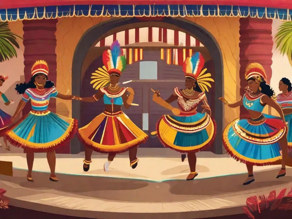Uma imagem vibrante captura a essência do Maracatu Rural em Pernambuco. Fantasias coloridas adornadas com penas, lantejoulas e padrões tradicionais preenchem o quadro. Músicos tocam ritmos animados em tambores e instrumentos de metal, enquanto dançarinos se movem graciosamente no ritmo, exibindo a rica história e significado cultural dessa forma de arte trad