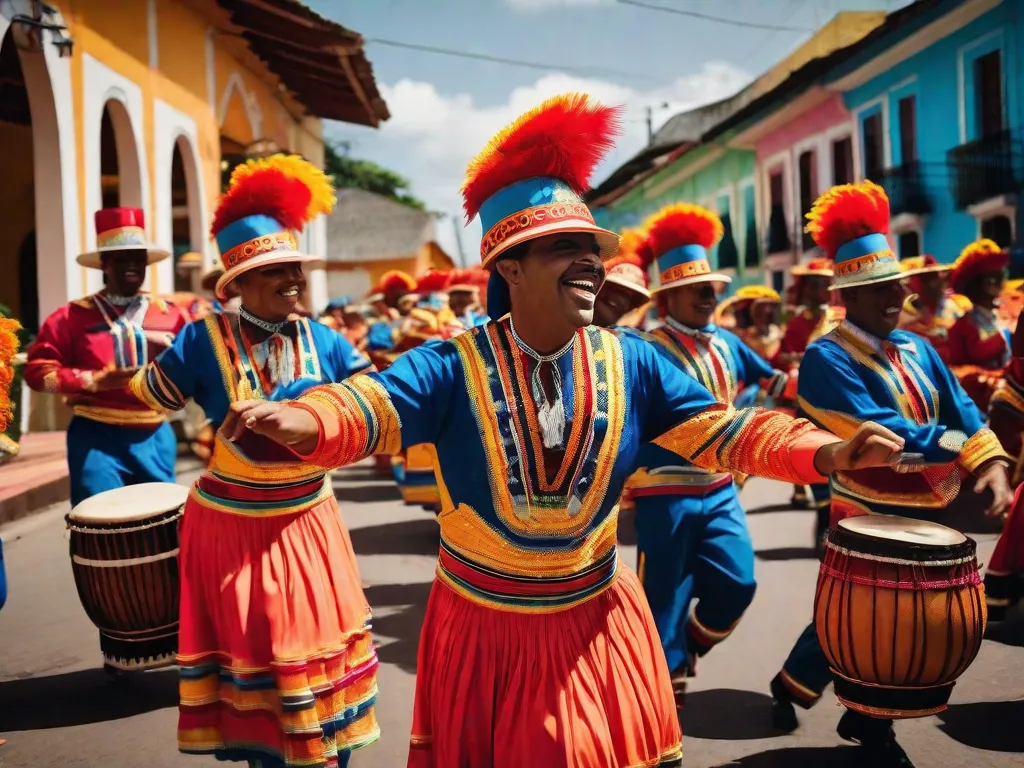 Uma imagem vibrante captura a essência do Maracatu Rural em Pernambuco. Vestidos em trajes coloridos, músicos tocam instrumentos tradicionais enquanto dançarinos se movem graciosamente ao ritmo. A energia e paixão dessa expressão cultural são palpáveis, exibindo a rica história e tradições do Maracatu Rural de Pernambuco.