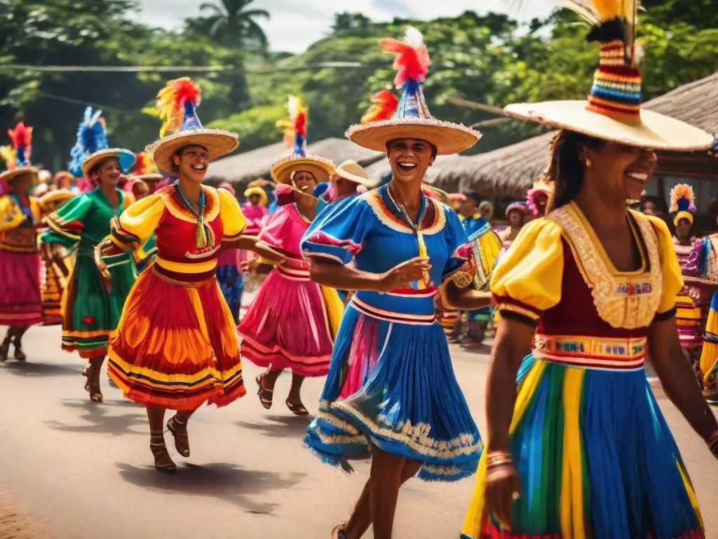 Uma imagem vibrante captura a essência do Maracatu Rural em Pernambuco. Vestidos em trajes coloridos, músicos tocam instrumentos tradicionais enquanto dançarinos se movem graciosamente ao ritmo. A energia e paixão dessa expressão cultural são palpáveis, exibindo a rica história e tradições do Maracatu Rural de Pernambuco.