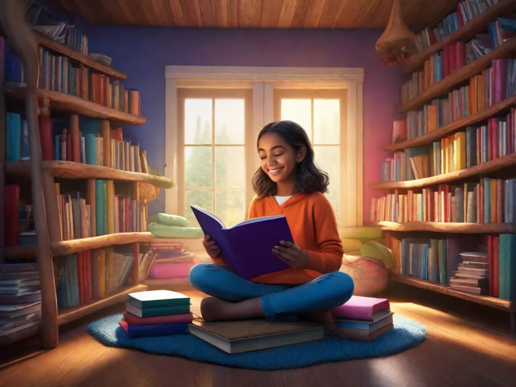 Uma jovem garota com olhos brilhantes senta-se de pernas cruzadas em um cantinho aconchegante de leitura, cercada por uma montanha de livros coloridos. Ela usa um grande sorriso enquanto mergulha em um mundo mágico através das páginas, sua imaginação voando com cada palavra que ela lê.