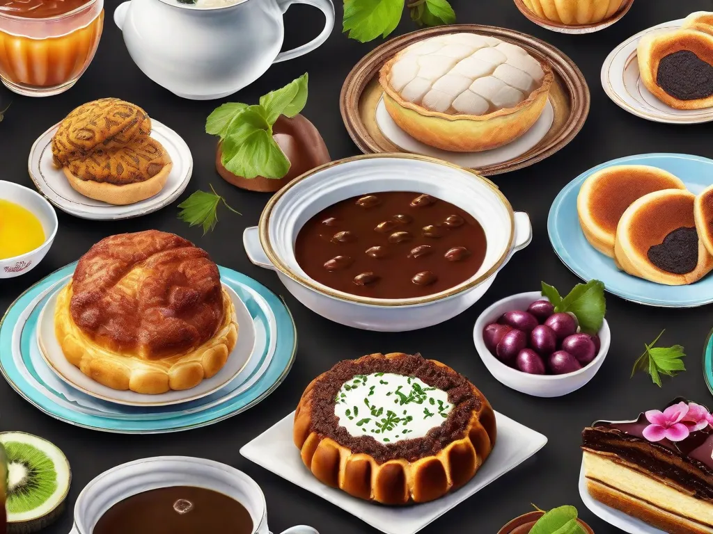 Uma imagem vibrante de uma mesa posta com uma variedade de deliciosos pratos brasileiros, como feijoada, pastel de nata, acarajé e brigadeiro, mostrando a rica influência culinária da cultura portuguesa na gastronomia brasileira. As cores e sabores representam lindamente a fusão dessas duas culturas.