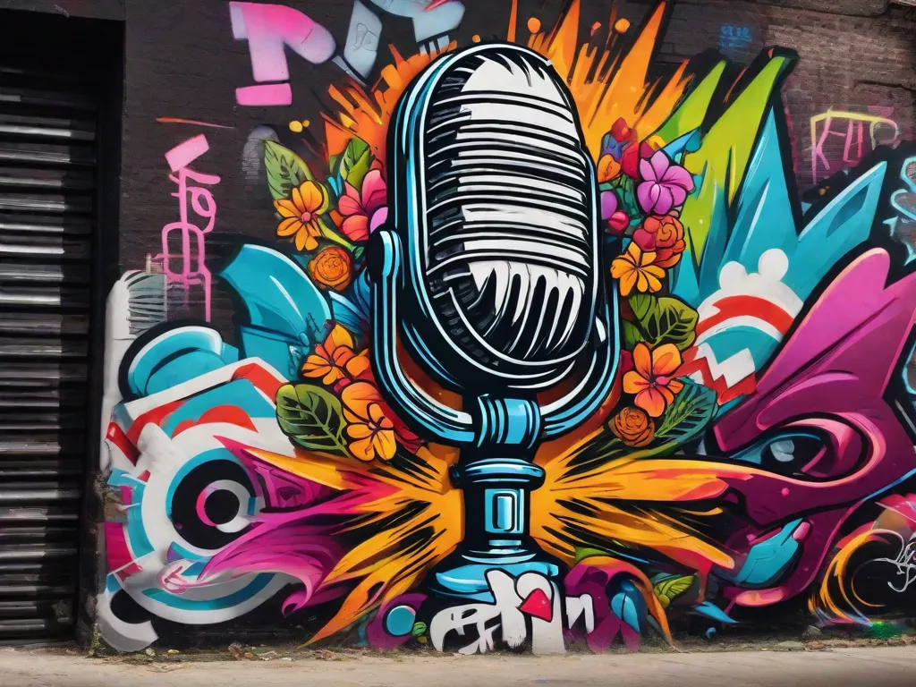 Uma imagem vibrante captura a essência da evolução do hip-hop brasileiro. Paredes cobertas de grafite servem de pano de fundo para um dançarino de breakdance dinâmico, mostrando os elementos rítmicos e poéticos do gênero. Os movimentos fluidos e gestos expressivos do dançarino incorporam o espírito do crescimento e da criatividade do hip-hop brasileiro