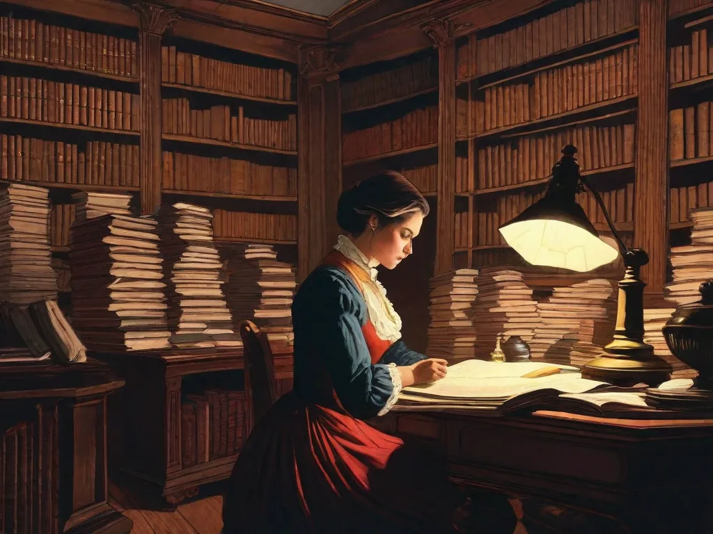 A imagem retrata uma sala pouco iluminada com uma mulher sentada em uma mesa, cercada por pilhas de livros e papéis. Sua testa franzida e a pena em sua mão sugerem uma profunda contemplação enquanto ela se aprofunda nas complexidades da sociedade do século XIX. A luz tremeluzente da vela projeta sombras nas paredes, simbolizando os desafios e contradições que ela