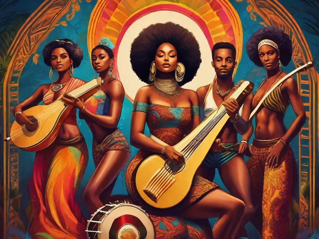 Uma imagem vibrante mostrando um grupo de músicos afro-brasileiros tocando instrumentos tradicionais, cercados por obras de arte coloridas retratando os Orixás, divindades da religião afro-brasileira. A energia e paixão dos músicos pela sua cultura irradiam através da música, enquanto as obras de arte representam a rica herança espiritual e artística da cultura afro-brasileira.