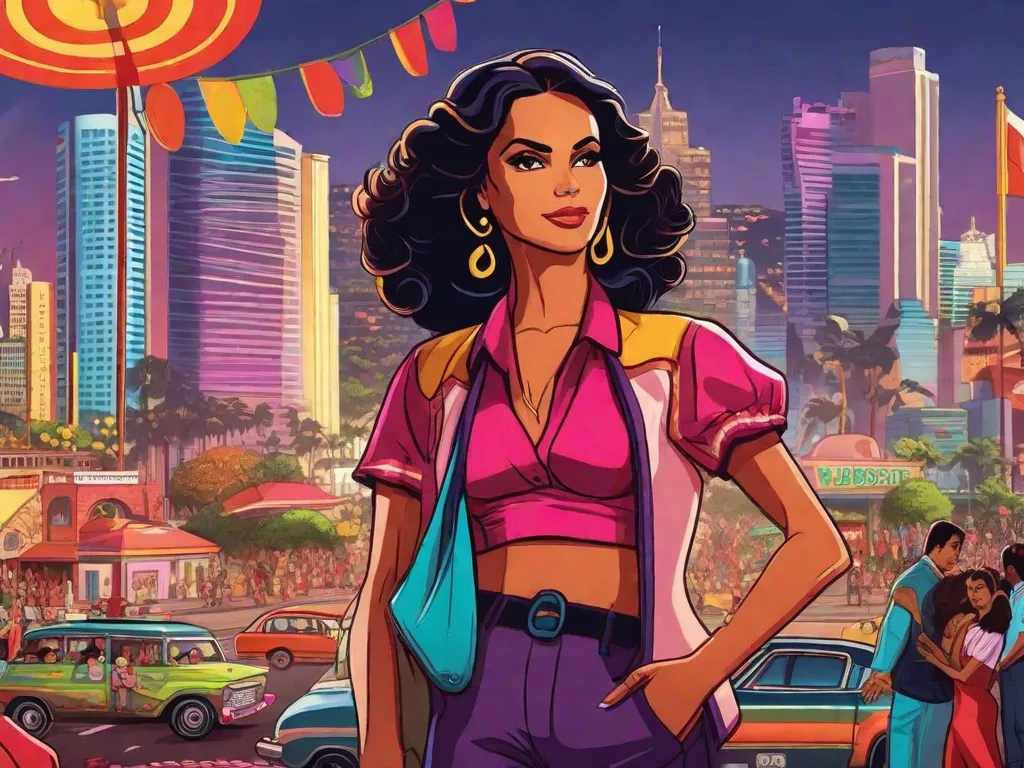 Uma imagem vibrante captura a essência das novelas brasileiras, exibindo uma rua movimentada da cidade cheia de personagens coloridos. O elenco diversificado reflete o rico tecido cultural do Brasil, enquanto as expressões dramáticas em seus rostos espelham a intensidade e profundidade emocional dessas amadas tramas televisivas.