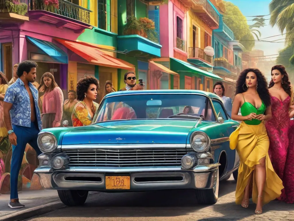 Uma imagem vibrante captura a essência das novelas brasileiras, exibindo uma rua movimentada da cidade cheia de personagens coloridos. O elenco diversificado reflete o rico tecido cultural do Brasil, enquanto as expressões dramáticas em seus rostos espelham a intensidade e profundidade emocional dessas amadas tramas televisivas.