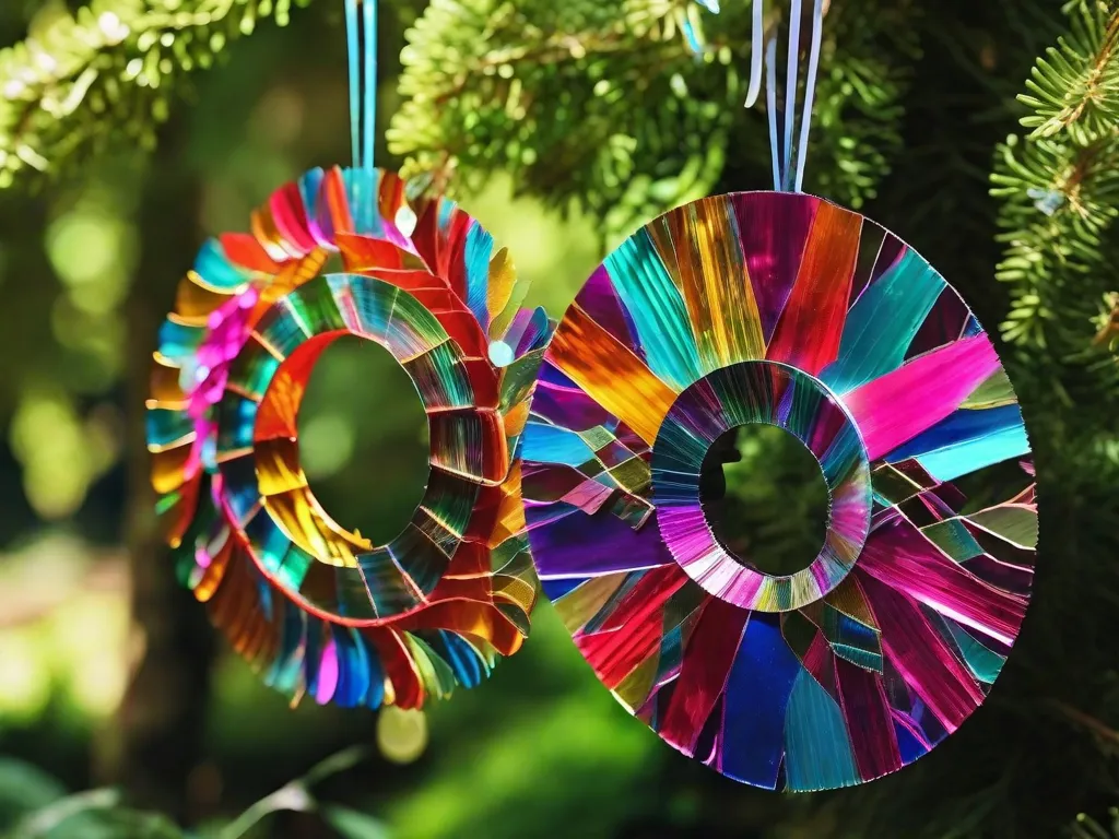 Descrição: Uma imagem em close-up de um colorido enfeite de jardim feito de CDs antigos. Os CDs estão organizados em um padrão circular, refletindo a luz do sol e criando uma bela exibição de cores vibrantes. O enfeite está pendurado em um galho de árvore, adicionando um toque de criatividade e sustentabilidade ao jardim.