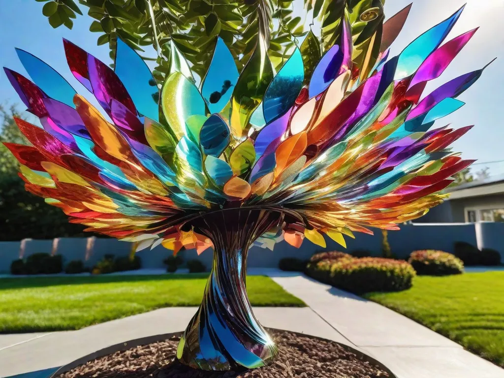 Descrição: Uma imagem em close-up de um colorido enfeite de jardim feito de CDs reciclados. A luz do sol reflete na superfície brilhante, criando um fascinante espetáculo de cores do arco-íris. O enfeite está pendurado em um galho de árvore, adicionando um toque de fantasia e criatividade ao jardim.