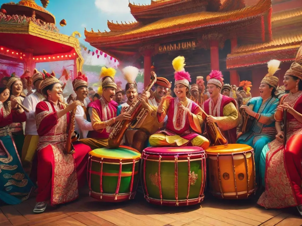 Uma imagem vibrante mostrando um grupo de talentosos músicos tocando instrumentos tradicionais como o pandeiro, cavaquinho e tamborim. Seus rostos expressivos refletem a paixão e energia da música de pagode, enquanto o pano de fundo colorido representa a evolução do gênero e seu status icônico na cultura brasileira.