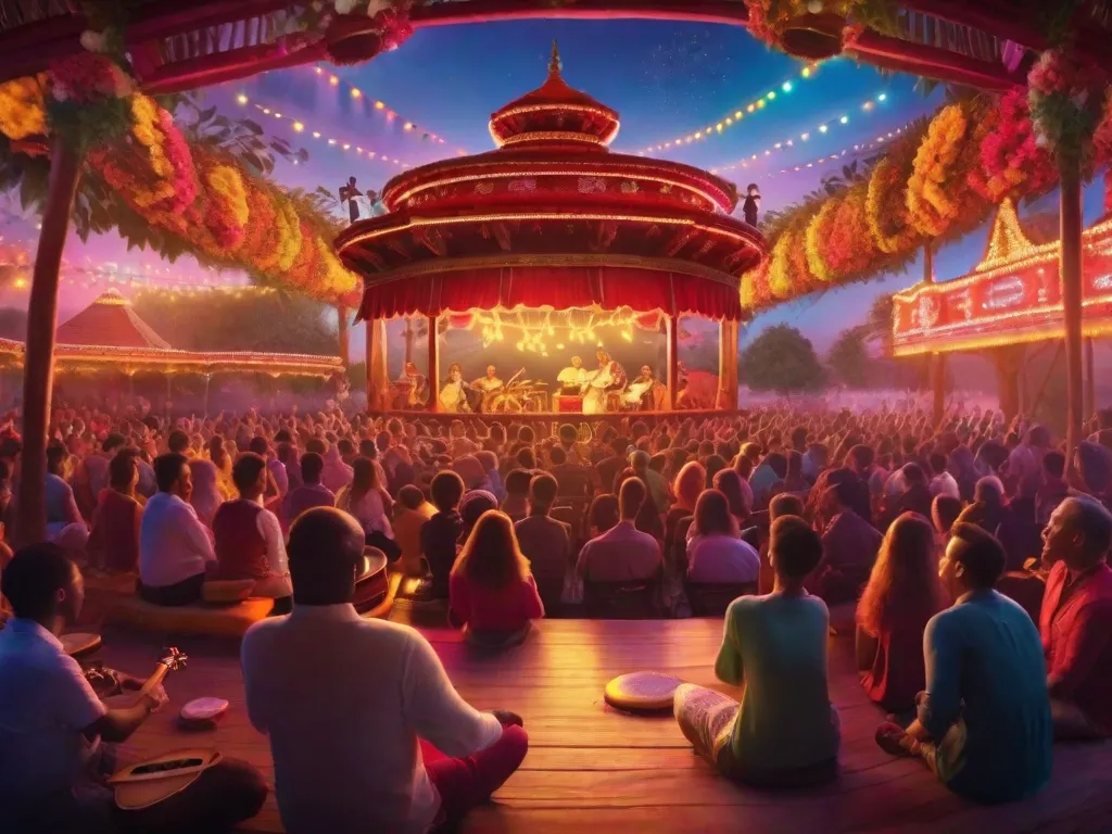 Uma imagem vibrante de um concerto de pagode lotado, com músicos tocando instrumentos tradicionais como o pandeiro e o cavaquinho. O palco é adornado com luzes coloridas, enquanto a plateia dança e canta alegremente ao som dos ritmos. Essa imagem captura a essência da evolução e da iconicidade da música de pagode.