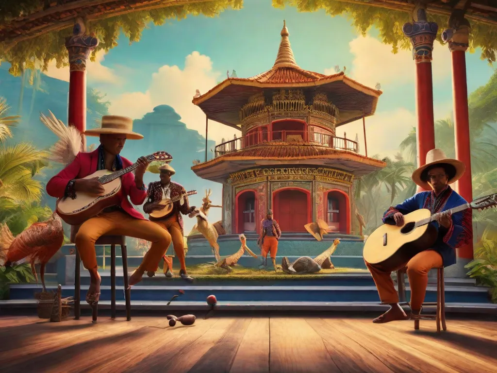 Uma imagem vibrante captura a essência do Pagode, com um grupo de músicos tocando diversos instrumentos como o cavaquinho, pandeiro e tantã. Suas expressões apaixonadas refletem a evolução desse gênero, enquanto capas icônicas de álbuns e cartazes de shows adornam o fundo, prestando homenagem à sua rica história.