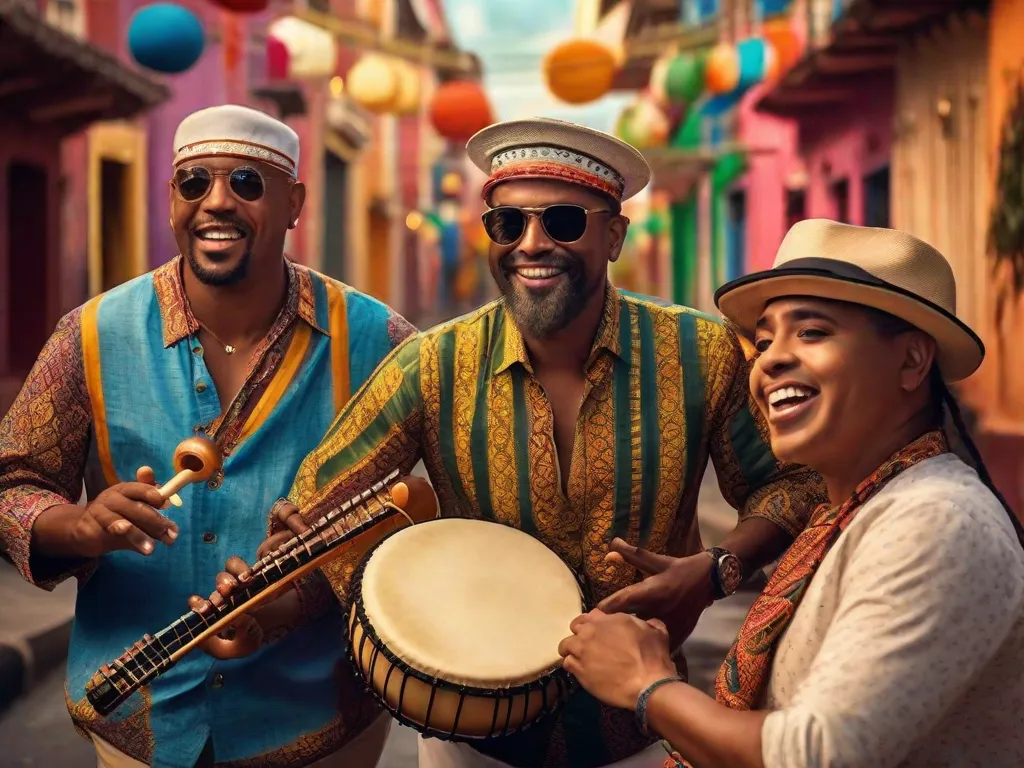 Uma imagem vibrante mostrando um grupo de talentosos músicos tocando instrumentos tradicionais como o pandeiro, cavaquinho e tamborim. Seus rostos expressivos refletem a paixão e energia da música de pagode, enquanto o pano de fundo colorido representa a evolução do gênero e seu status icônico na cultura brasileira.