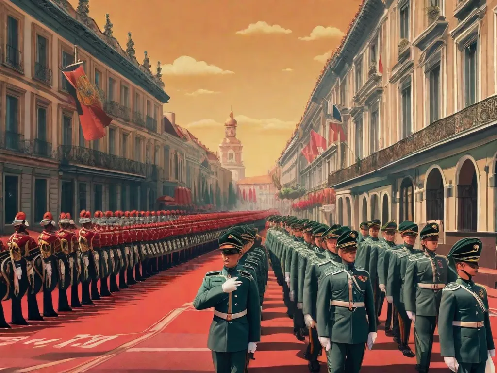 Uma imagem retratando um desfile militar com soldados vestidos com uniformes vibrantes, marchando em perfeita sincronia. No entanto, em meio à exibição disciplinada, um soldado se destaca, usando um chapéu absurdamente grande e segurando uma arma de brinquedo, simbolizando a ironia presente em 