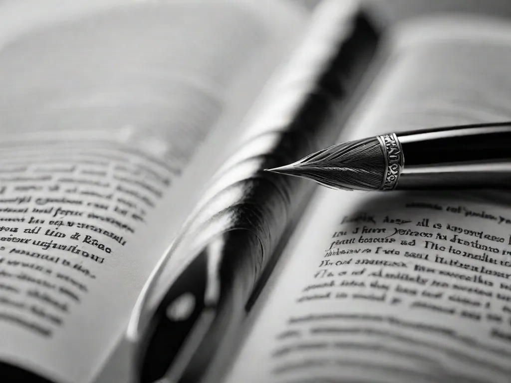 Uma fotografia em preto e branco de uma pena de escrever descansando sobre um livro aberto, com o título 