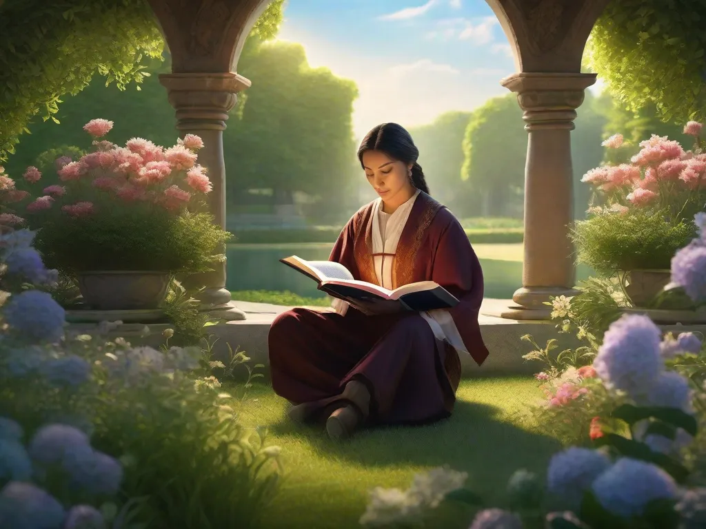 Descrição da imagem: Uma pessoa sentada em um jardim tranquilo, cercada por vegetação exuberante e flores, segurando uma Bíblia aberta nas mãos. A luz do sol ilumina suavemente as páginas enquanto eles leem, buscando sabedoria e orientação no texto sagrado.