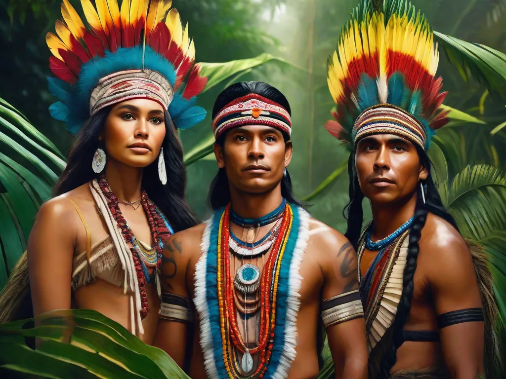 Uma pintura vibrante retratando um grupo de indígenas adornados com trajes tradicionais, rodeados por vegetação exuberante e vida selvagem vibrante. Seus rostos expressivos refletem orgulho e resiliência enquanto eles reivindicam sua herança cultural através da arte, dando nova vida ao cenário artístico do Brasil.