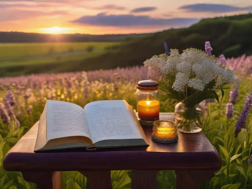 A imagem retrata uma paisagem serena com um pôr do sol dourado sobre um vasto campo de flores em flor. No primeiro plano, um pequeno livro de poesia de Cecília Meireles repousa em um banco de madeira, simbolizando sua profunda contribuição para a poesia lírica brasileira.