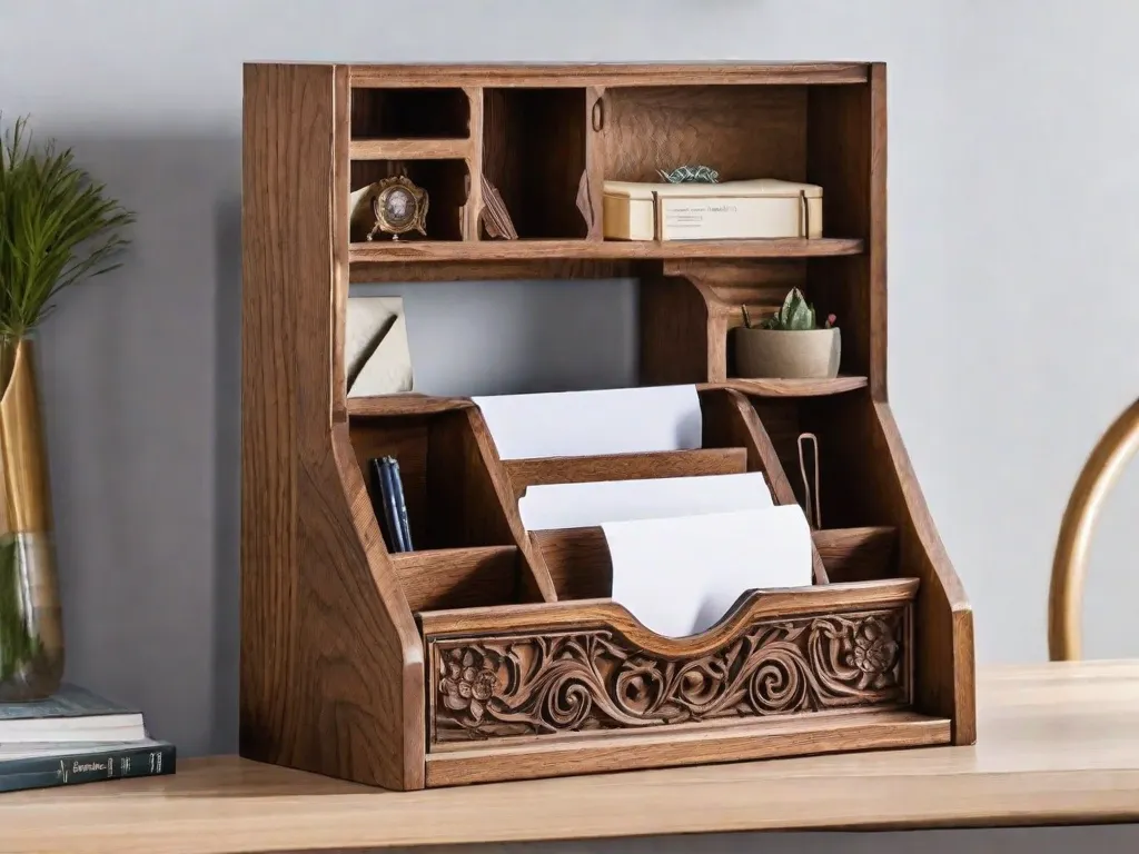 Um suporte de correspondência de madeira para parede, com vários compartimentos, elegantemente projetado com entalhes intricados e acabamento rústico. Ele oferece uma solução elegante e funcional para organizar e exibir correspondências, facilitando o acompanhamento de documentos importantes. Perfeito para adicionar um toque de charme vintage a qualquer ambiente residencial ou de escritório.
