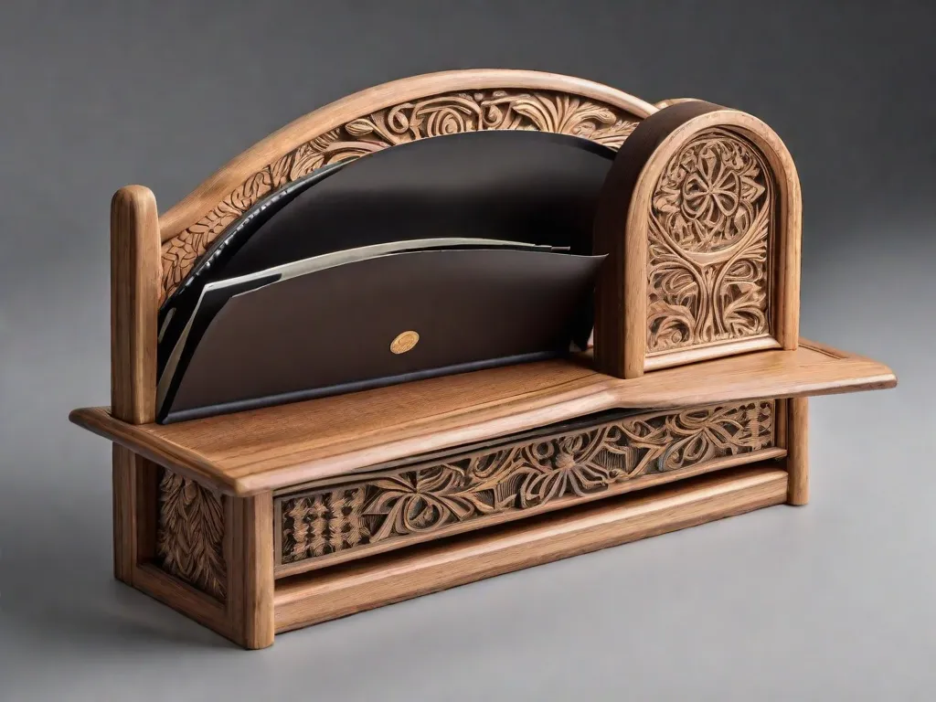Descrição: Um elegante e moderno suporte de parede para correspondências feito de metal polido. Seu design minimalista possui vários compartimentos, cada um rotulado com diferentes categorias, como contas, convites e correspondências. O suporte é fixado em uma parede branca limpa, adicionando um toque de organização e elegância a qualquer espaço.